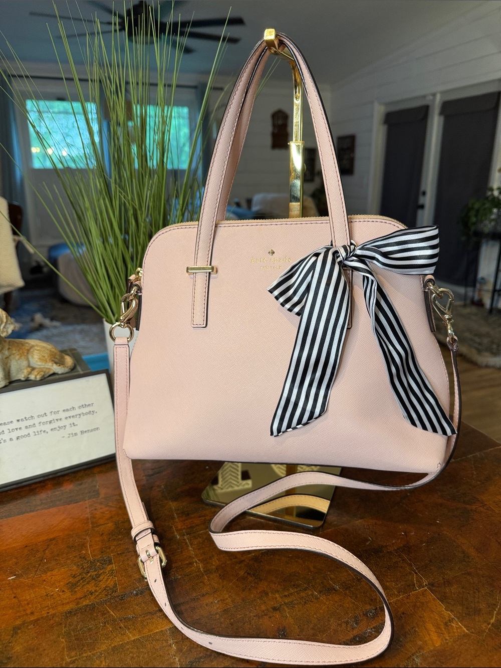 💕kate spade Pale Pink Satchel with Striped Bow